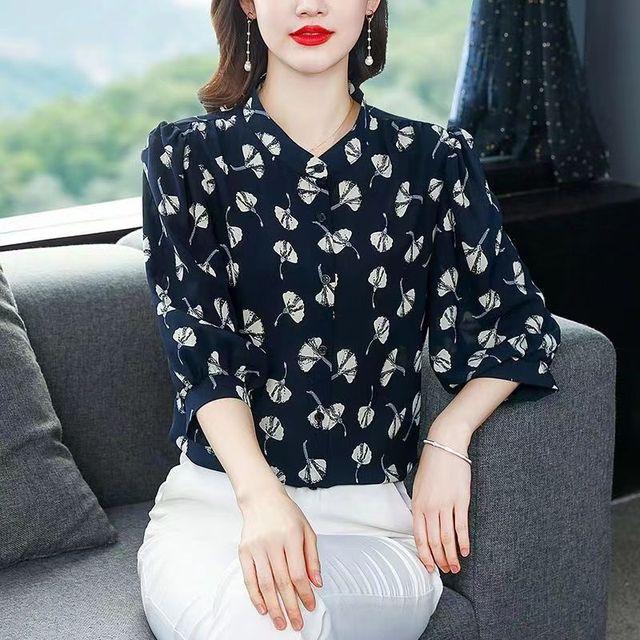 

M-4XL шифоновая рубашка с принтом, весна-лето, новая блузка с рукавами четверти и воротником-стойкой, повседневный женский кардиган XXXL темно-синий