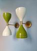 Mid Century Italian Brass Wall Sconce Pair: White & Olive Green Diabolo Light