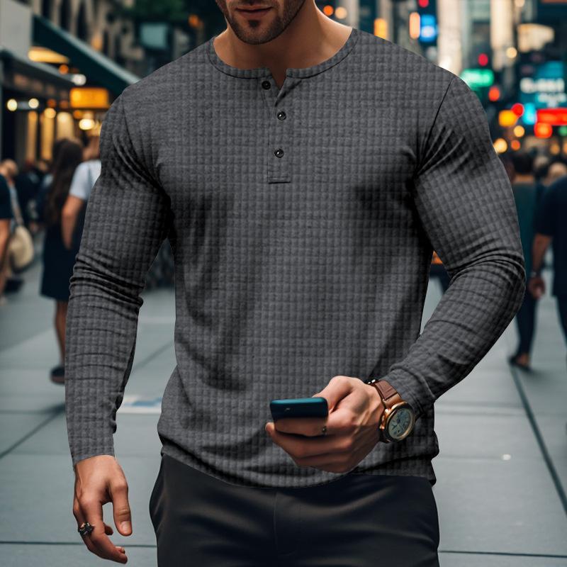 

Autumn and Winter Men s T-shirt New Jacquard Small Square Leisure Sports Men s Casual Long-sleeved Henley Shirt S темно-серого