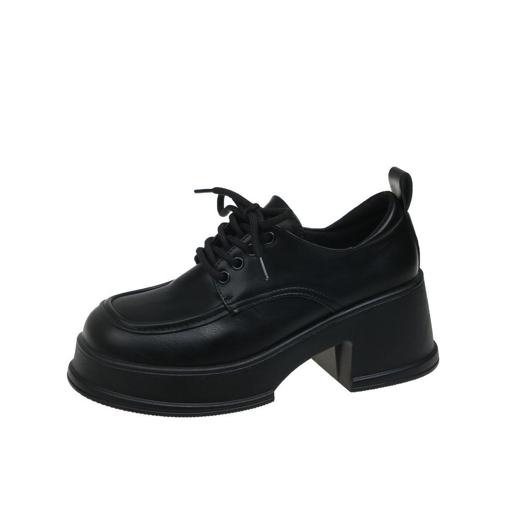 Fashion 2025 Spring Thin Thick soled Leather Shoes for Women Height Increasing Coarse Heels Sponge Cake High Heels Le Fu Shoes