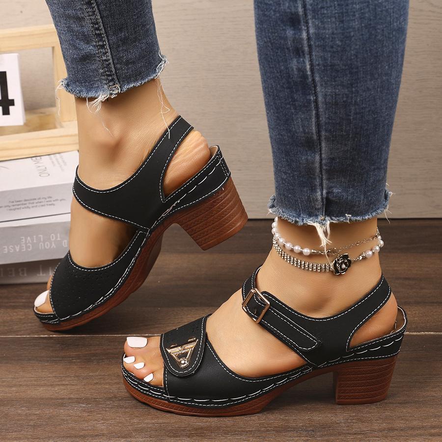 Fashionable Sandals For Women Summer Chunky Heel Buckle Strap Female Shoes Solid Color Casual Comfortable Sandals