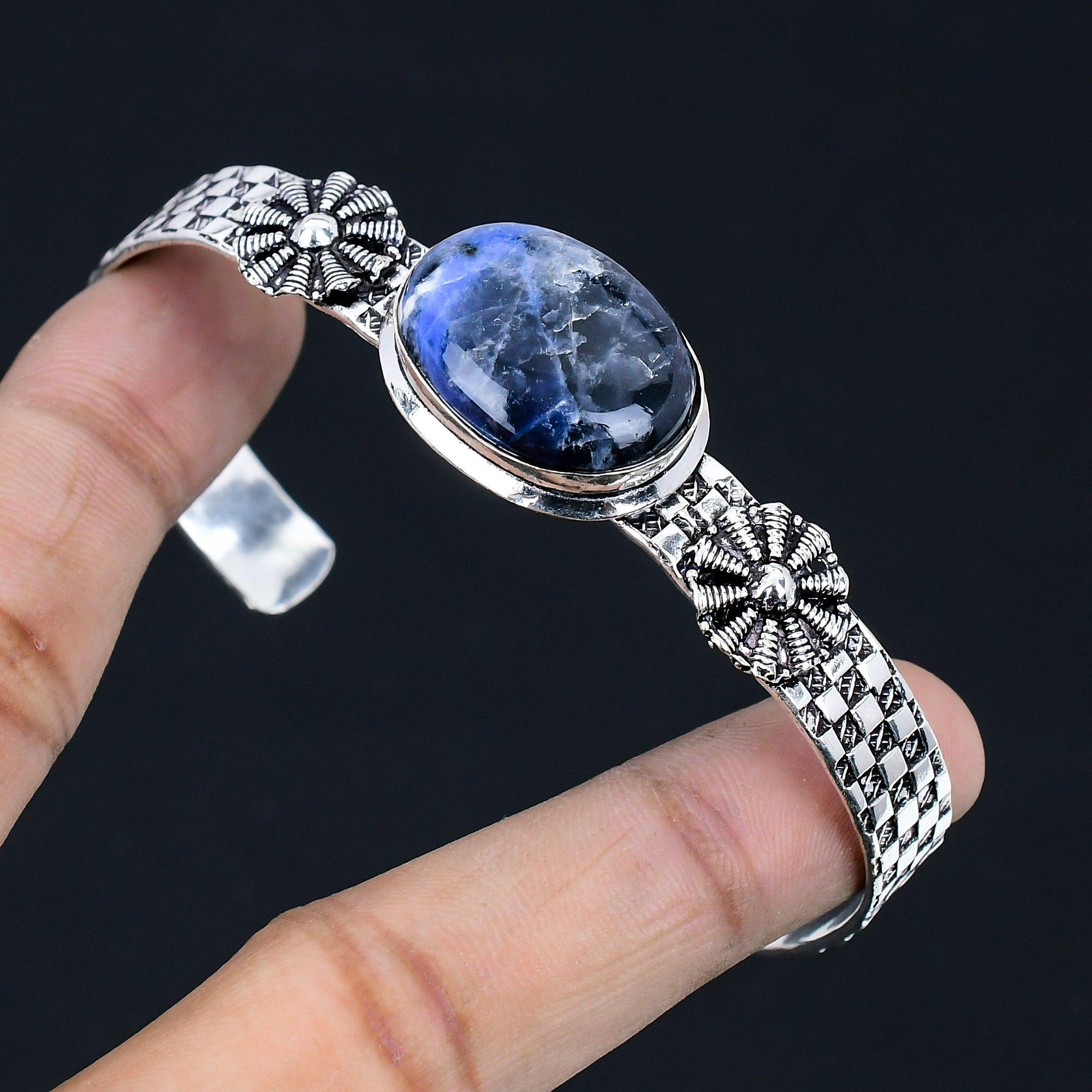 

Halloween Sale Sterling Silver Oval Third Eye Chakra Sodalite Gemstone Bangle Adjustable