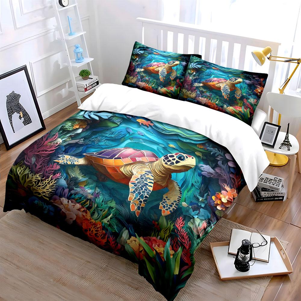 Turtle Swimming Through Colorful Coral Reef Printed Duvet Cover Set1 Duvet Cover+2 Pillowcasemulti Size Bedroom Bedding Decor