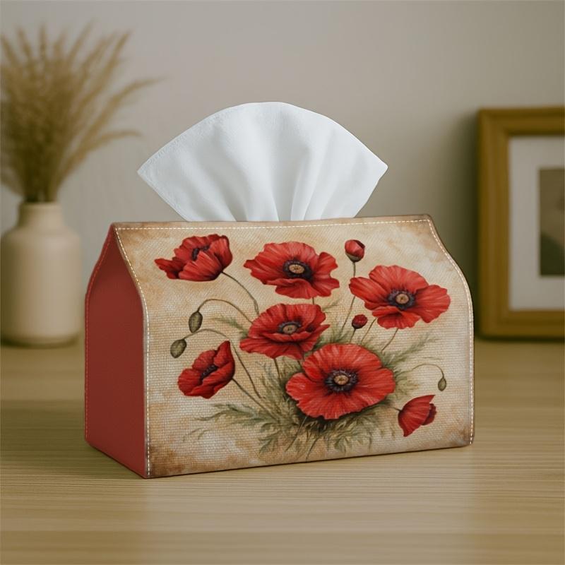1pc Classic Botanical Rustic Tissue Box with Poppy Flower Red- Napkin Storage Organizer for Kitchen,Car,Elegant Decorative Box,Purpose for Living Room