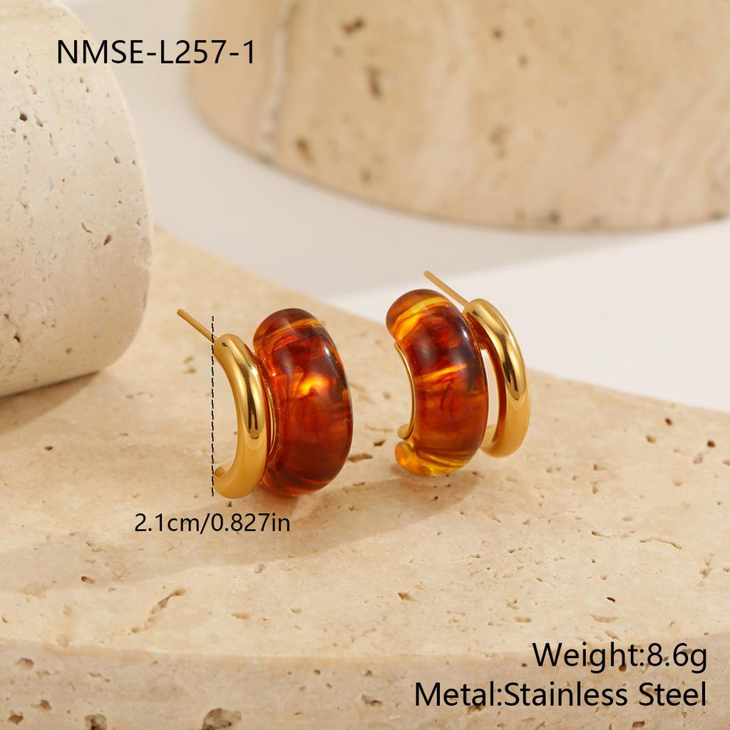 Color Retro Amber Resin K Gold Earrings French Light Luxury ins Premium Maillard Stud Earrings Women