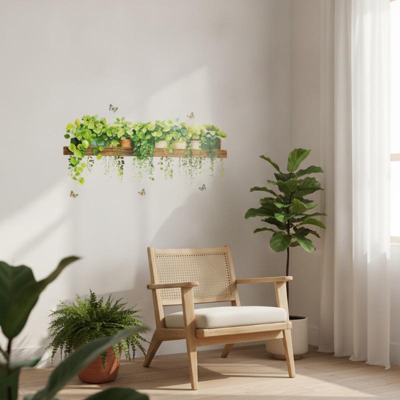Vivid Leaves Hanging Wall Decals Cute Butterfly Green Plant Art Stickers for Dining Room Home Wall Aesthetic Decor