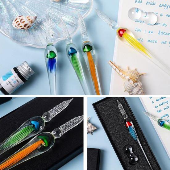 1 Set Dip Pen Beautiful Ergonomic Handle Jellyfish Pattern Drawing Calligraphy Glass Pen Kit for Gifts