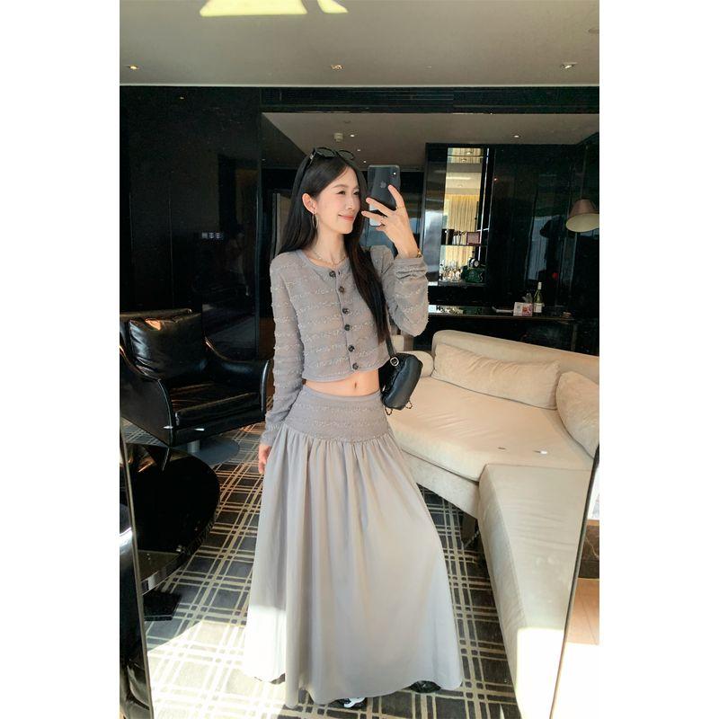 Kumikumi Sweet Style Suit Single-Breasted Long Sleeve Knitwear Women's Autumn High Waist Drooping Skirt Two-piece Set