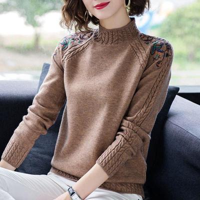 Autumn and Winter, Women's Sweater, Thickened, Warm, Short, Half Turtleneck, Sweater, Loose, Large Size, Embroidered, Pullover, Sweater