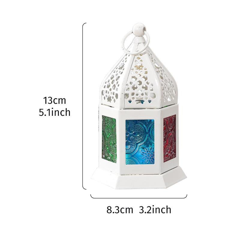 1PC European Retro Ironwork Six-sided Colored Glass Decorative Candlestick, Ironwork Glass Windproof Hanging Candlestick+ белый
