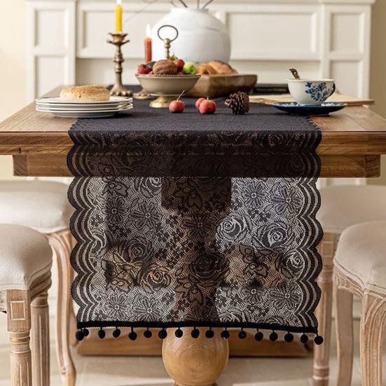 French Lace Table Runner Hollow Tassel Fringe Placemat Elegant Decorative Tablecloth Romantic Wedding Party Dining Table Dresser Buffet Decor