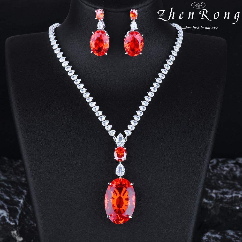 Luxury Full Diamond Fanta Padparadscha Jewelry Set Wedding Bridal Necklace Earrings Ring