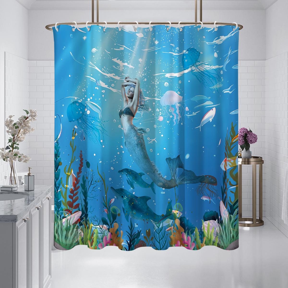 

1 шт. мультяшная занавеска для душа с рисунком русалки и обитателей подводного мира, водонепроницаемая, с 12 крючками, для ванной комнаты, для дома 180x180cm