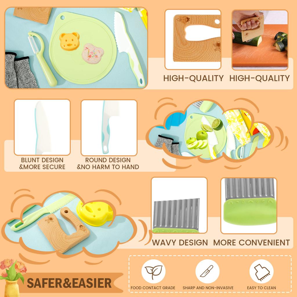25/7pcs Kids Cooking Cutter Set Toddler Wood Cutter Plastic Fruit Knives Peeler for Kitchen Accessories Montessori Kids Cutter