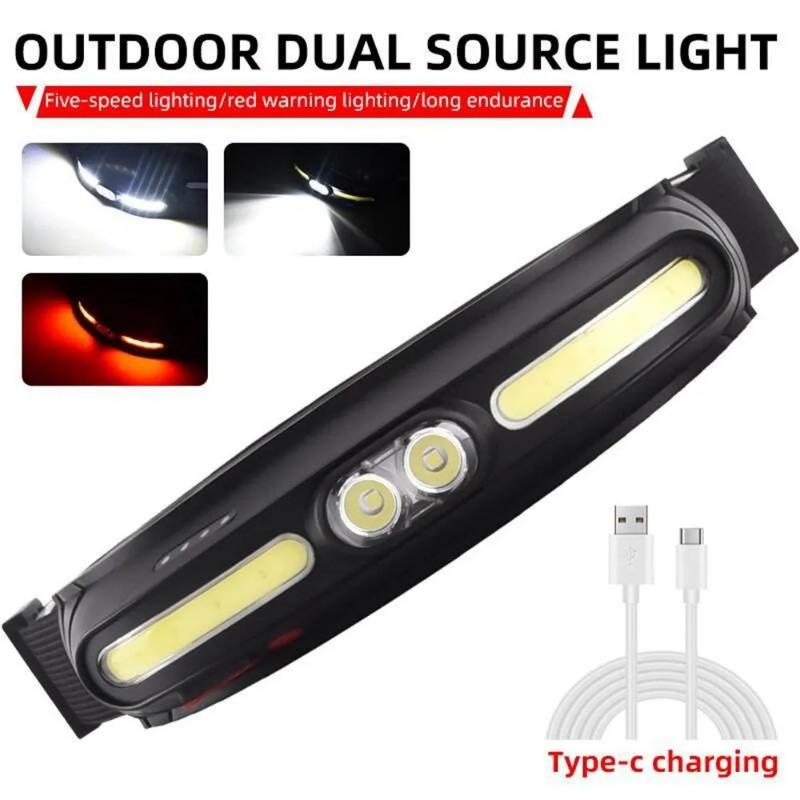 Cross border new COB headlight dual light source red and white outdoor running light Type-C charging cycling night fishing LED headlight