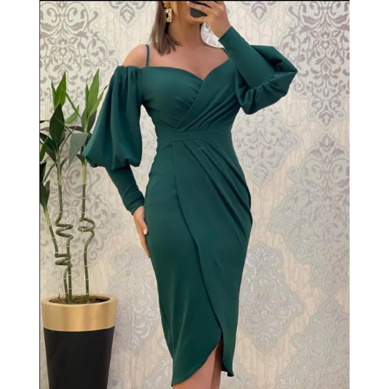 QICED Women's Fashion Summer Spring Solid Color Print Long Sleeve V-Neck Casual Dresses