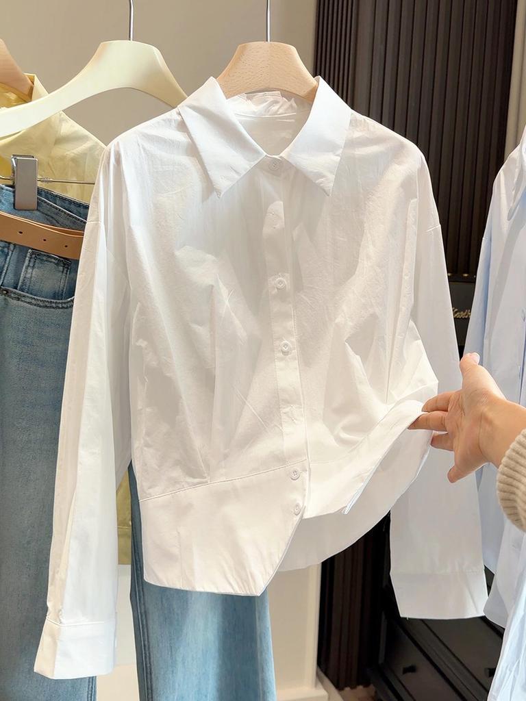 Spring 2026 Women's Slim-Waisted Lapel Long-Sleeve Shirt - Stylish and Elegant Short Commuter Top