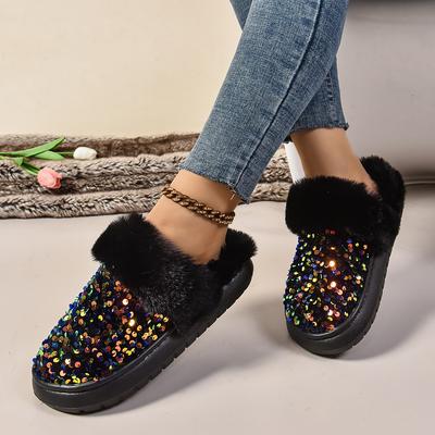 Moda Nowe Damskie Kapcie Okrągły Nosek Płaskie Buty dla Kobiet Wsuwane Zakryty Nosek But na Platformie Moda Outdoorowa Błyszczące Pluszowe Niskie Obcasy Klapki