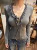 Korean V-Neck Tie-Up Lace Long-Sleeve T-Shirt for Women 2025 Slim-Fit Pure Desire Base Layer