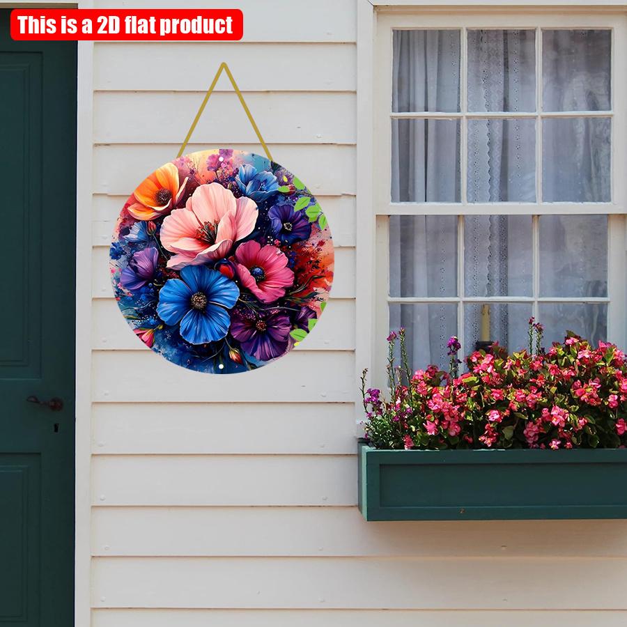 2D Flat 20*20cm 1pc Colorful Vibrant Flower Pattern Arrangement Wall Art Decor, Vintage&mysterious Round Hanging Sign with Colorful Petals and Pollen