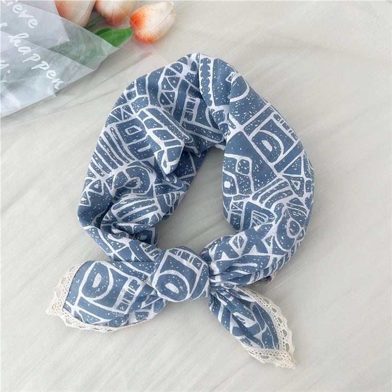 Cotton Linen Lace Edge Square Scarves 60cm Kerchief Neckerchief Bandanas Women Casual Neck Scarf Plaid Print Geometric Pattern