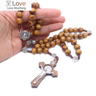 Wooden Antique Cross Rosary Pendant Necklaces Jesus Saint Benedict Beaded Necklaces For Men Women Handmade Jewelry Gifts