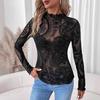 Damen Tops Rundhals Langarm Slim Fit Frühling Herbst Pullover Tops Durchsichtiges geometrisches Spitzenblumennetz T-Shirt