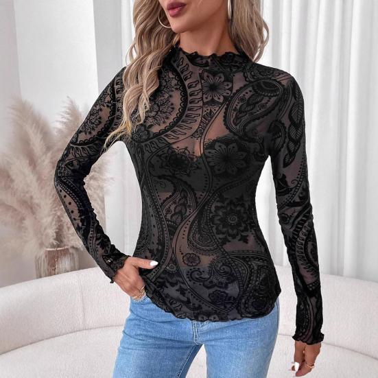 Damen Tops Rundhals Langarm Slim Fit Frühling Herbst Pullover Tops Durchsichtiges geometrisches Spitzenblumennetz T-Shirt