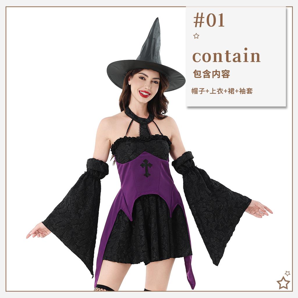 Halloween costume magic witch costume dark goth cross witch hat carnival costume dress