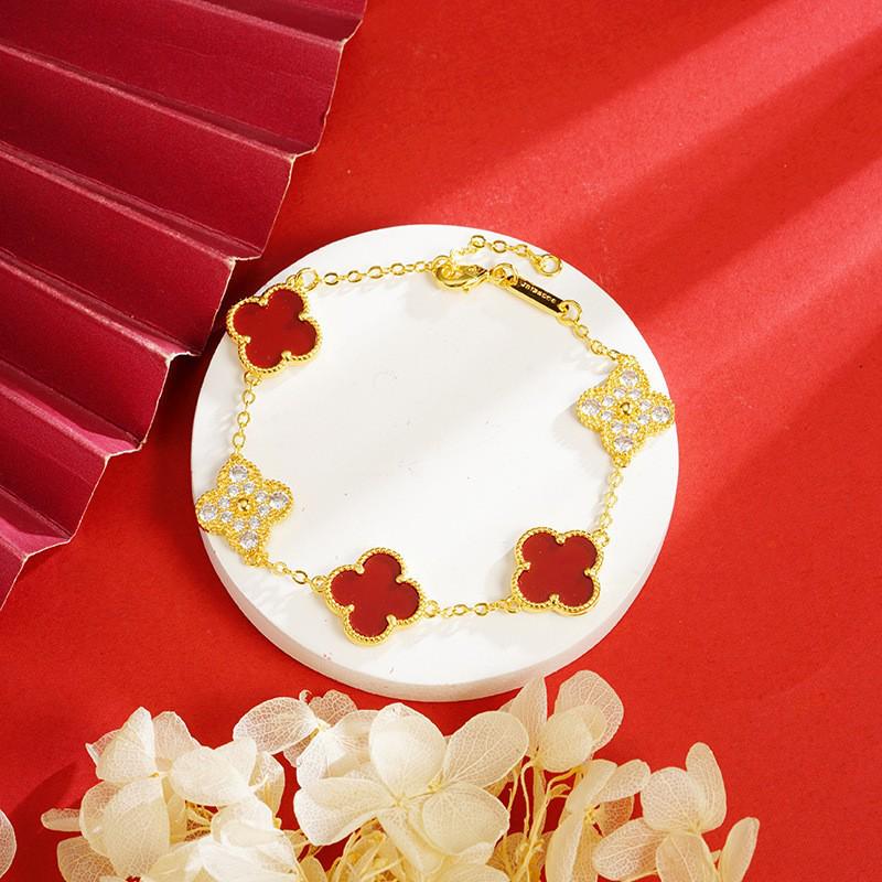 Vietnam Gold-Plated Clover Necklace, Ring & Five-Flower Bracelet Set