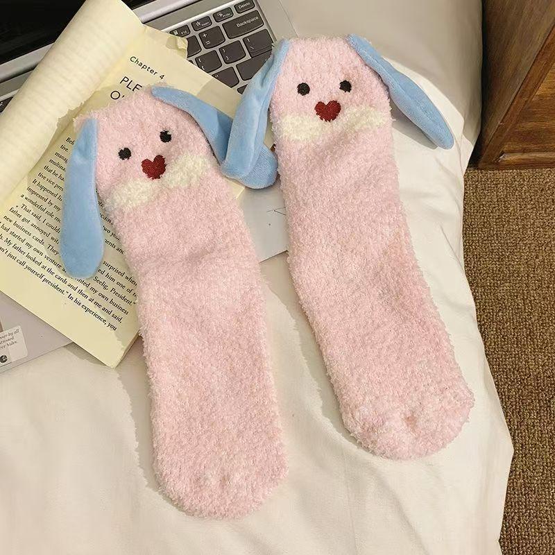 Cute Puppy Dog Coral Fleece Socks Mid-Tube Socks Autumn Winter Plus Velvet Thickened Home Sleeping Floor Socks Warmer Socks Gift
