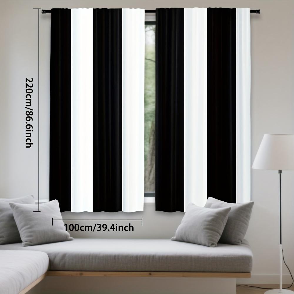 Set Of 2 Polyester Curtains Black White Striped Semi Transparent Rod Modern Light Filtering Made