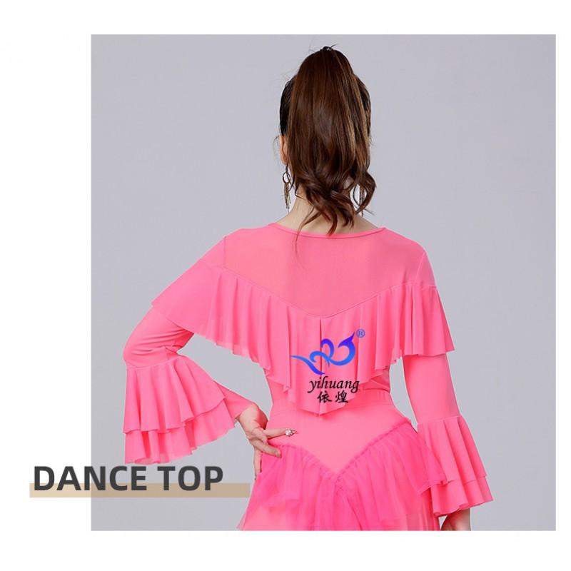Latin Dance Top Women Ballroom Practice Wear Mesh Long Sleeve Flared Cuff Milk Silk 2025 Black Red Pink