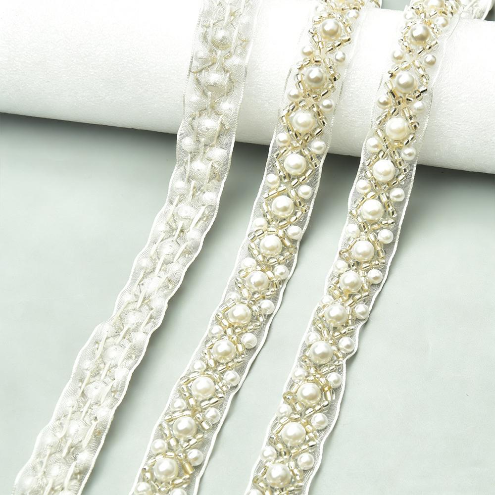 Beaded Pearl Lace Trim Soft Tulle Ribbon Handmade Beading Exquisite Lace Trim For Curtains Sleeve Decoration Bags