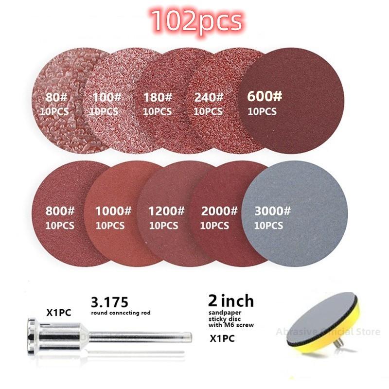 102/52pcs DIY Flocking Sanding Discs Pad Kit 1/2/3 Inch Grit Abrasive Polish Wheel Wood Sanding Paper Set for Dremel Rotary Tool