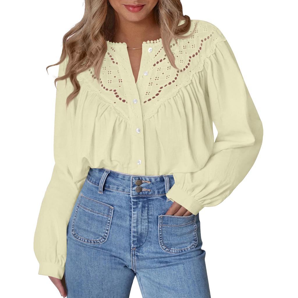 Women's Fashion Loose Lace-Up Openwork Blouse With Round Neck And Long Sleeves