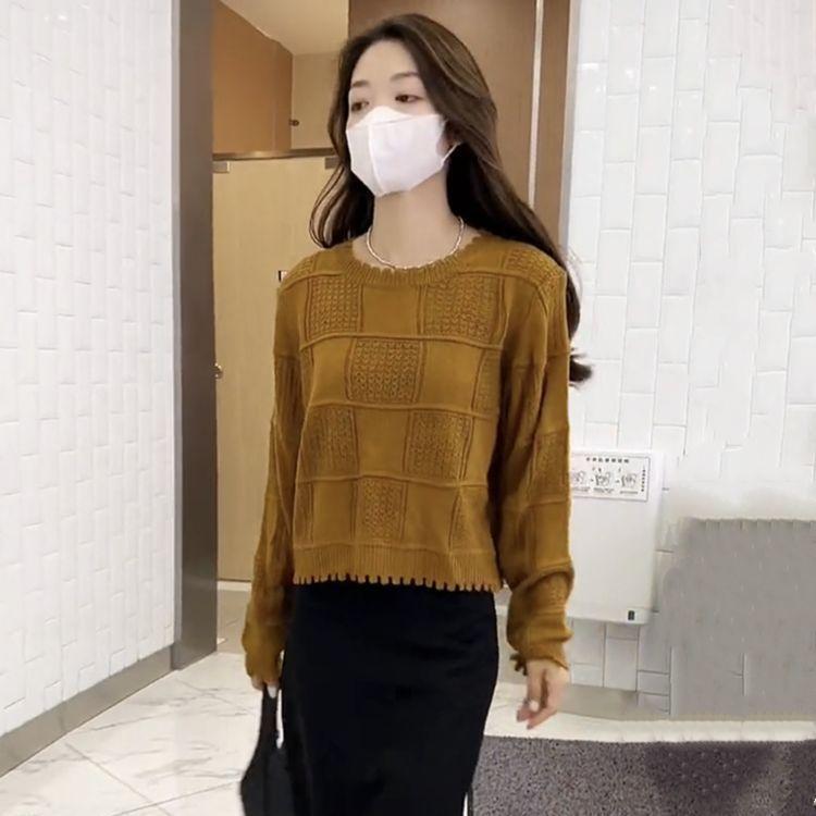 

Осенний круглый вырез горловины вогнутый выпуклый край вязаный свитер с женским дизайном Sense Exposed Hole свободный и универсальный верх 2XL