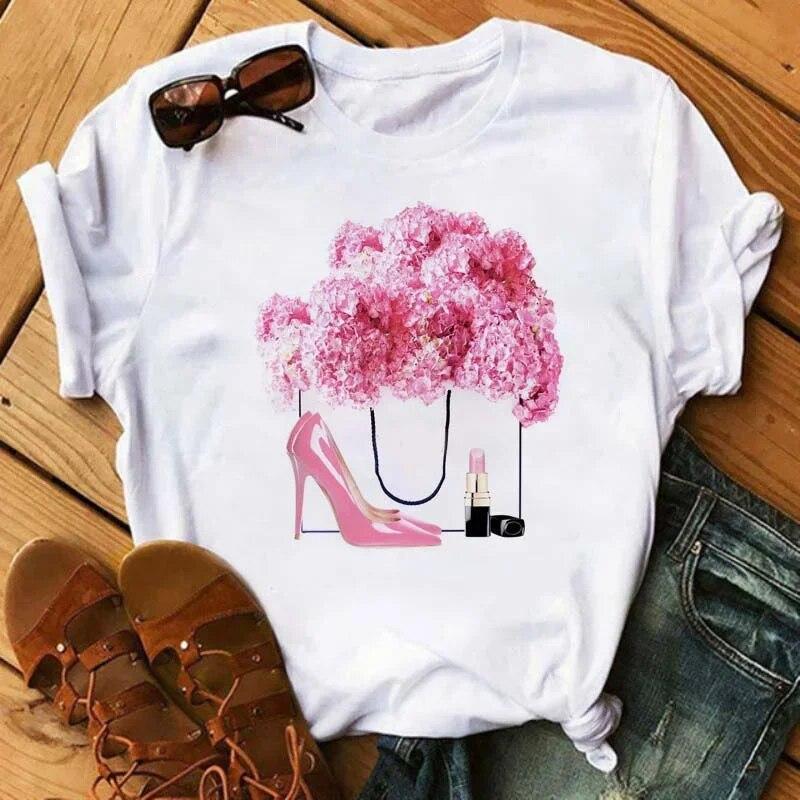 Maycaur Pinke High Heels Blumen Taschendruck T-Shirt Damen Trendy Hipster Harajuk Kawaii Kurzarm Oberteile T-Shirt Femme Kleidung Unisex