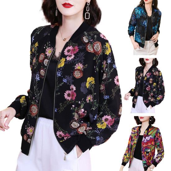 Chiffon Coat Stand Collar Long Sleeve Floral Print Sunscreen Coat Zipper Placket Thin Outwear