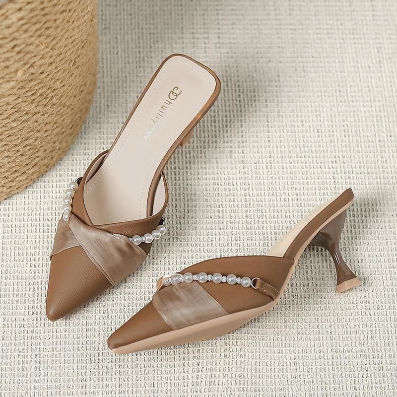 Huiliya Baotou Pointed Toe Women's Pearl Chunky Heel Mules 912-D86