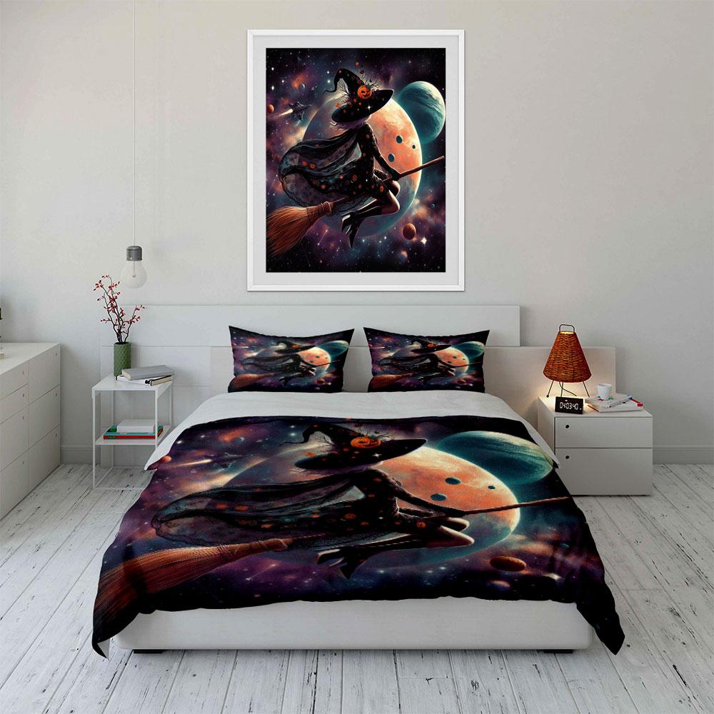 Space Witch Halloween Decor Set Bedding Set With 1 Duvet Cover 2 Pillowcases Single Double King Queen, Gift