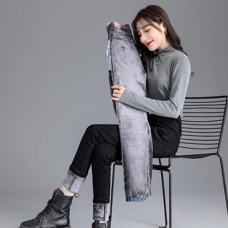 Winter Slim Fit High Waist Denim Jeans Women Solid Warm Velvet Denim Pencil Pants Casual Straight Solid Vintage Office-lady Jeans Trousers 30108