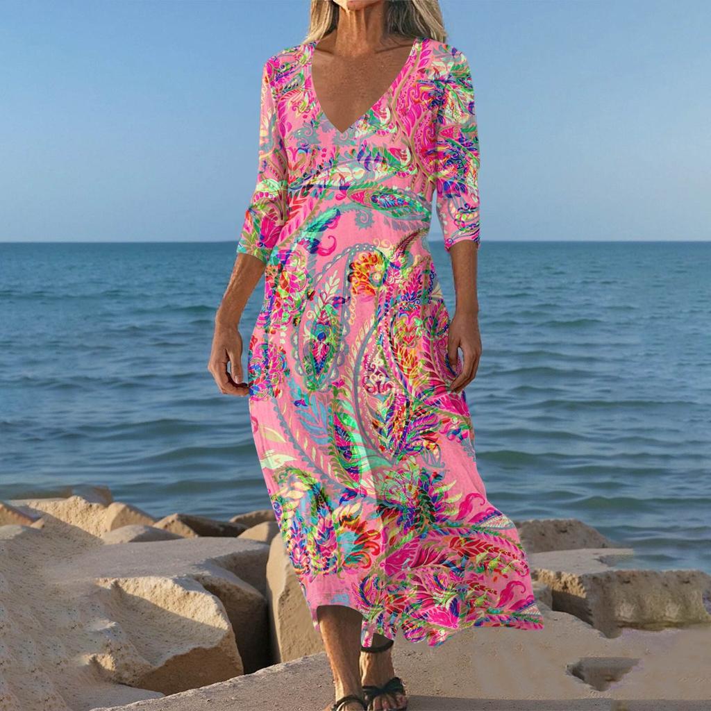 Kjoler For Damer Vintage Print Tunika Midjet Midi Kjole Sommer Hverdagslig 3/4 Ermet Kjole