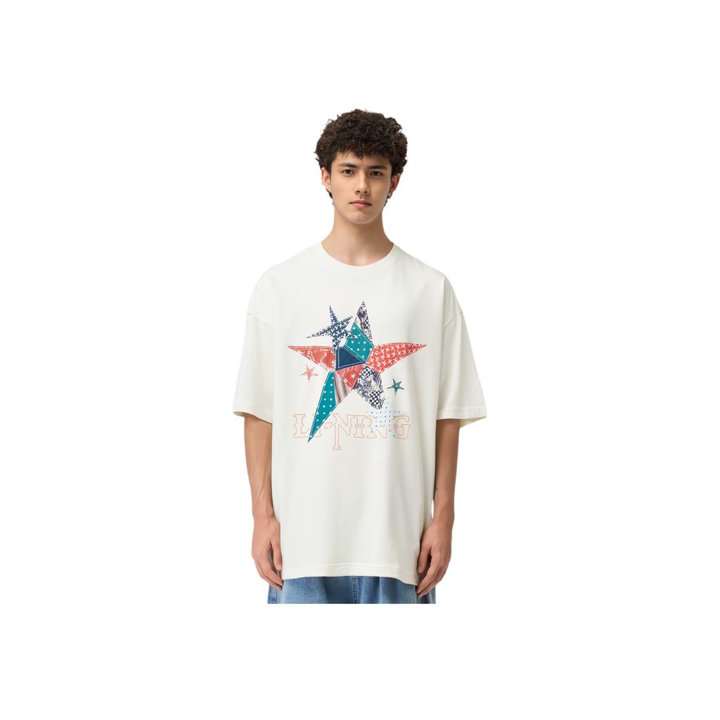 Li-Ning Star And Letter Print Loose Casual Short Sleeve T-Shirt Unisex Tops Off-White AHSU251-1