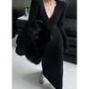 Beautiful rich daughter long deep v-neck sweater with knitted bottoming dress for women's autumn and winter