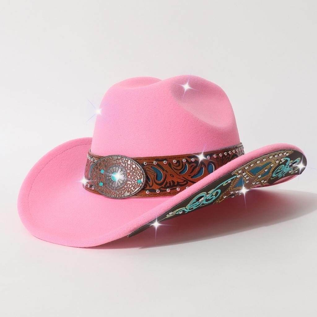 Autumn and winter men's and women's rolled-edge cowboy hat with heavy-duty belt decoration and patches
