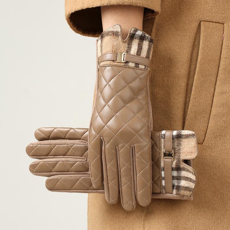 1Pair Classic Plaid PU Leather Gloves For Women Winter Warm Plush Touch Screen Outdoor Cycling Gloves хаки