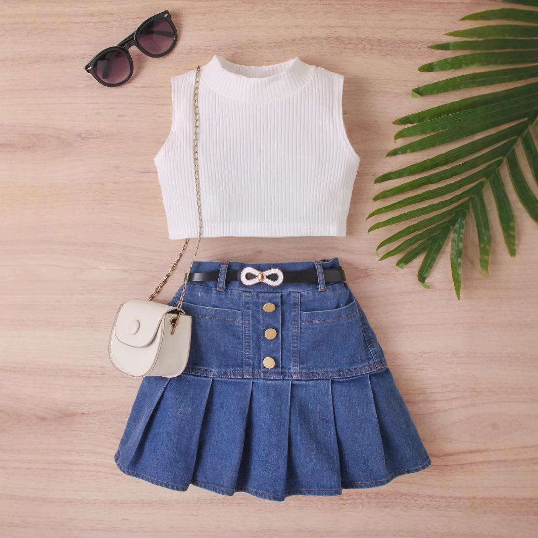 

Модний комплект для дівчаток 2025 Літо Дитячі повсякденні однотонні пуловери без рукавів, Джинсові плісовані спідниці з поясами, Набір з 2 предметів 90cm білий