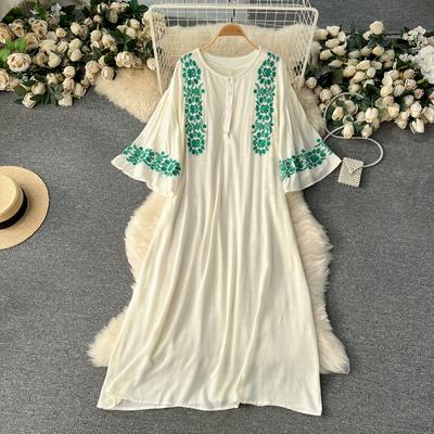 Bohemian Dresses for Women O Neck Flare Sleeve Embroidery Dress Ethnic Style A-line Loose Holiday Beach Vestidos Spring Dropship
