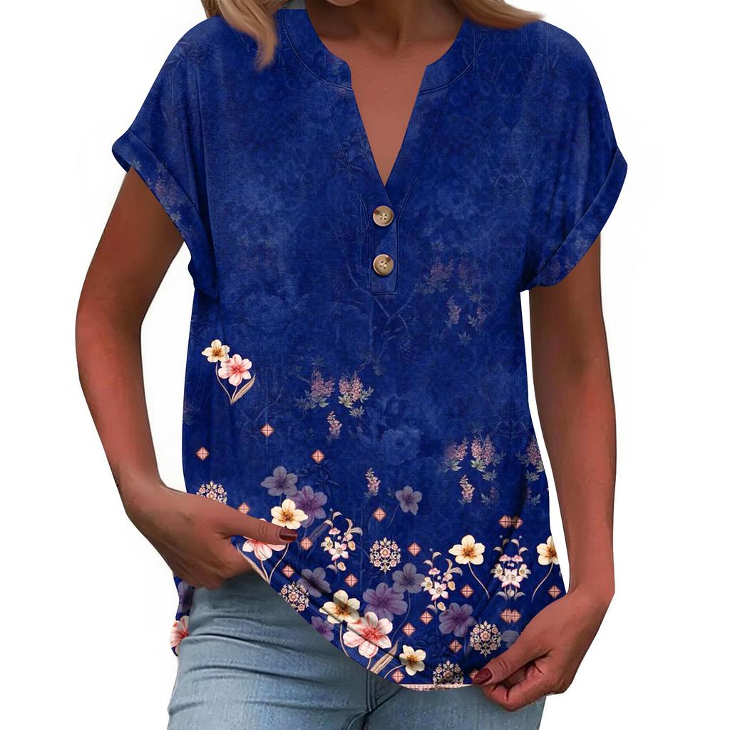 Women's Fashionable Casual Loose-Fit Short-Sleeved Button-Up V-Neck Printed T-Shirt Top
